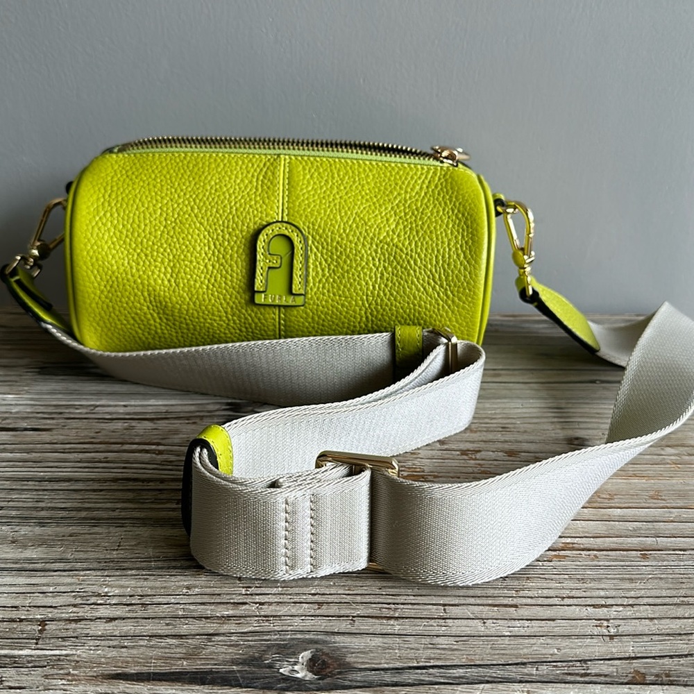 Furla Neon Yellow Leather Crossbody Bag with Cream Strap